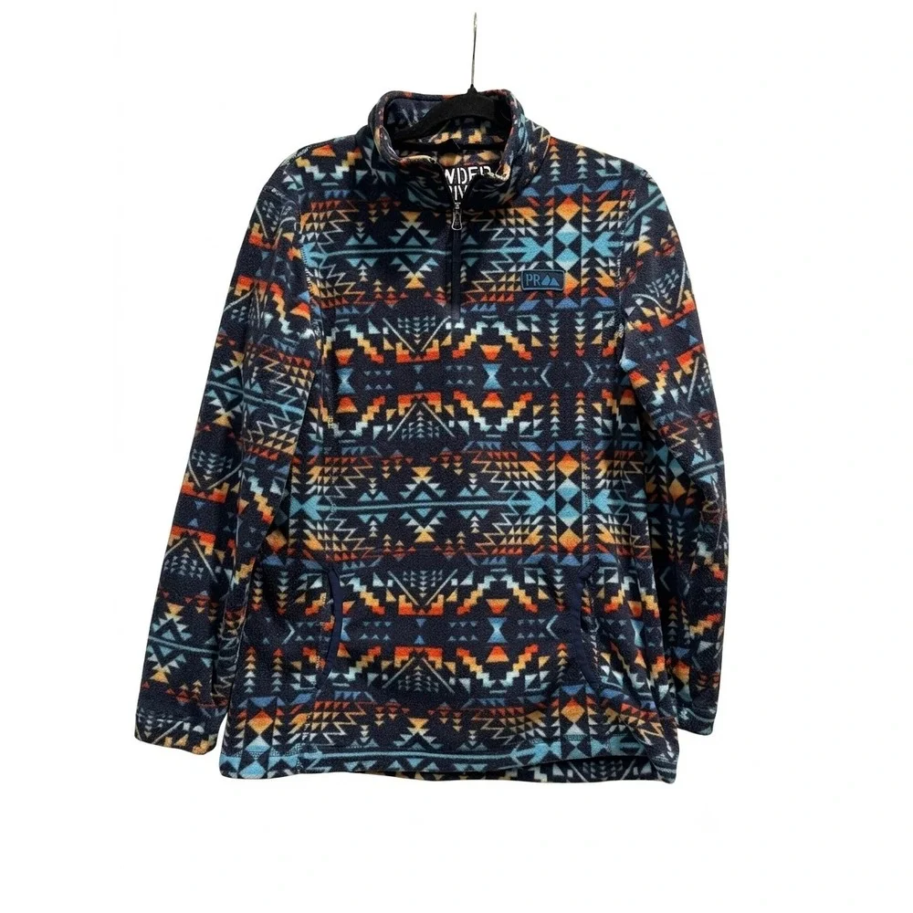 Powder River Outfitters Men Southwestern Fleece Quarter Zip Pullover Blue Orange